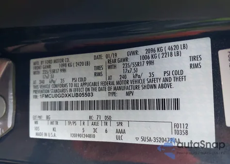 2019 Ford Escape Se из США, поврежденный, VIN 1FMCU0GDXKUB05503